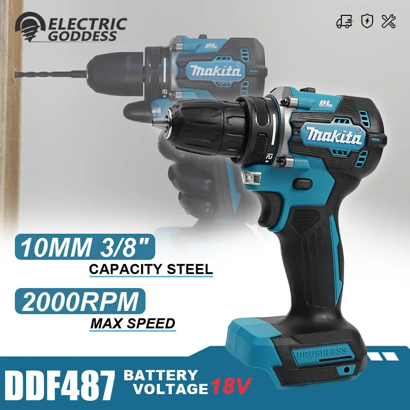 

Makita DDF487 Аккумуляторная дрель-шуруповерт Бесщеточная электрическая ударная отвертка Перезаряжаемый электроинструмент для батареи Makita 18 В