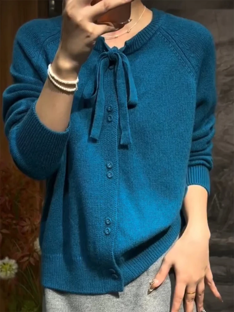 

Korean Sle Lazy Vintage Knitted Cardigan Belted Autumn Winter New Large Size Ele Versatile Age Reduction Top