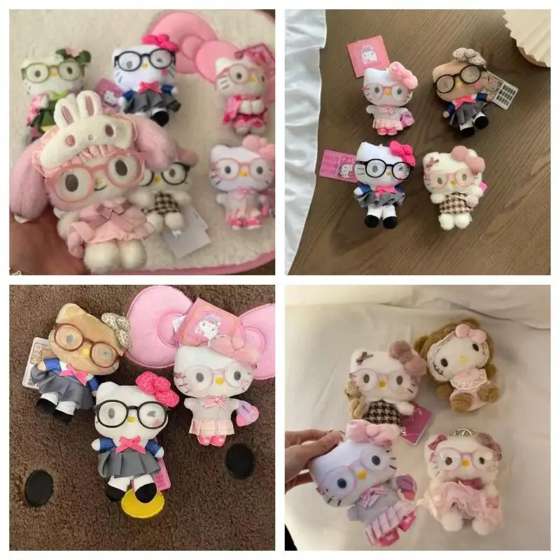 Kawaii Sanrio 헬로 키티 Jk 유니폼 키 체인 귀여운 만화 Kt 고양이 안경 펜던트 소녀를위한 절묘한 가방 액세서리 선물