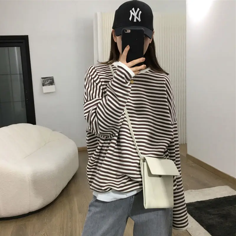 2024 Customized Spring Autumn New Korean Casual Lazy Style Pullover Striped T-shirt for Women Versatile Loose Trendy Hoodie Top