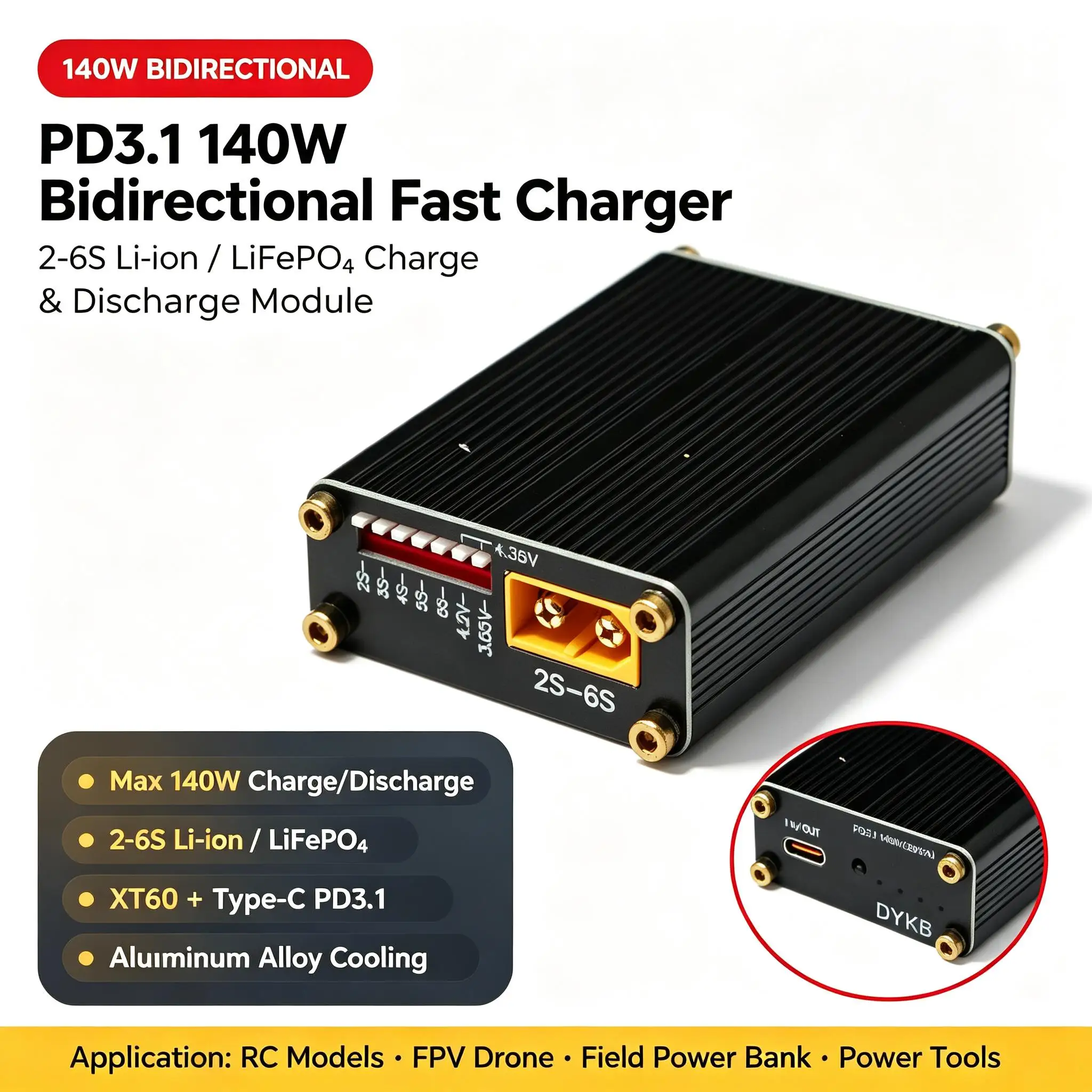DYKB PD3.1 140W Bidirectional Fast Charging 2S 3S 4S 5S 6S Li-ion LiFePO4 USB-C XT60 RC FPV Drone Battery Power Tools Charger