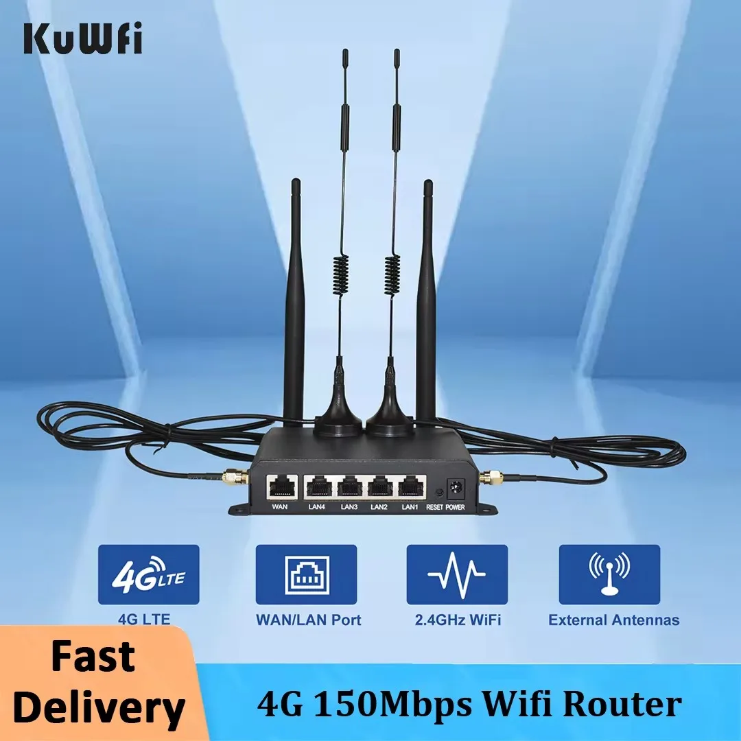 KuWFi 4G LTE 와이파이 라우터, 2.4G CAT4 300Mbps RJ45 포트, 지지대 VPN DDNS 방화벽 기능, 벽걸이 외장 안테나 4 개 