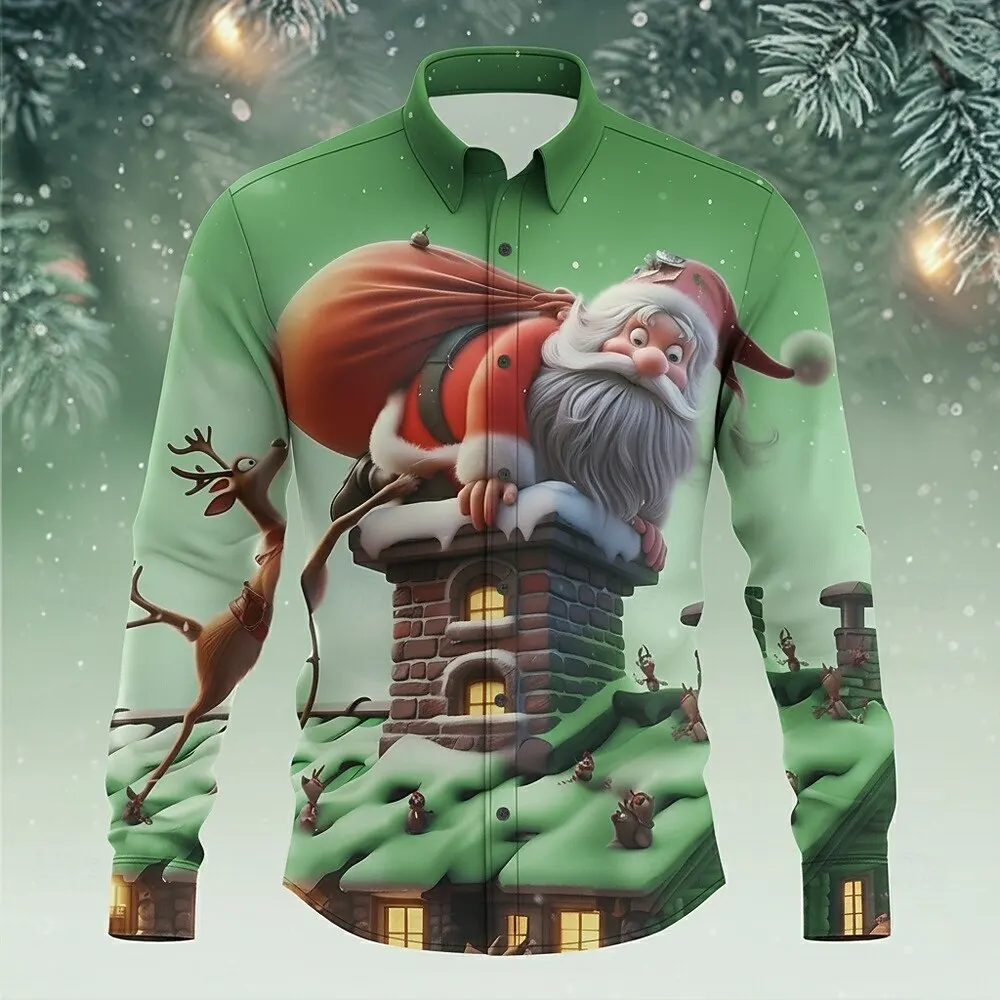 Funny Santa Clause Graphic Men's Shirts 3D Printed Christmas Theme Long Sleeve Lapel Shirt Outdoor Street Festival Party Clothes