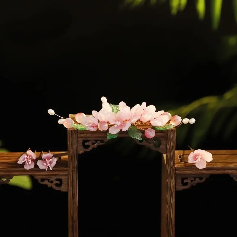 Hanfu Haarspeld Hoofdtooi Vrouwen Chinese Oude Vintage Roze Geglazuurde Bloemen Haarspeld Hanfu Hoofdtooi Haar Kam Vorken