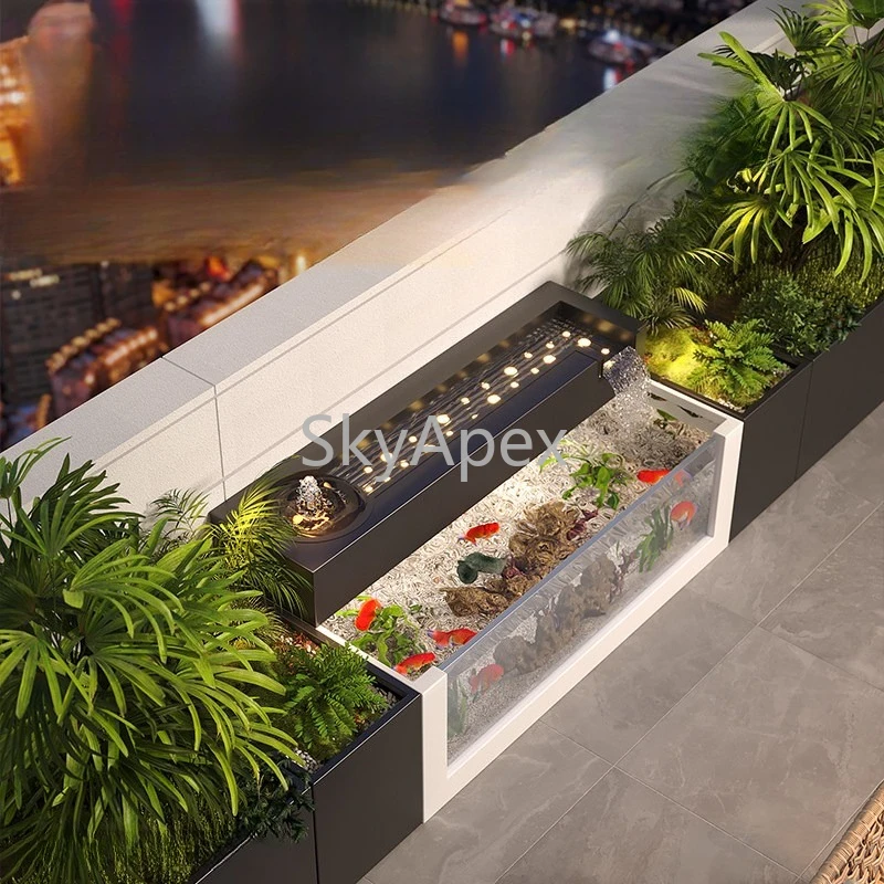 الفولاذ المقاوم للصدأ مستطيلة معدنية زجاجية بركة السمك المياه المتدفقة خزان الأسماك فناء على السطح داخلي فيلا بركة السمك المناظر الطبيعية