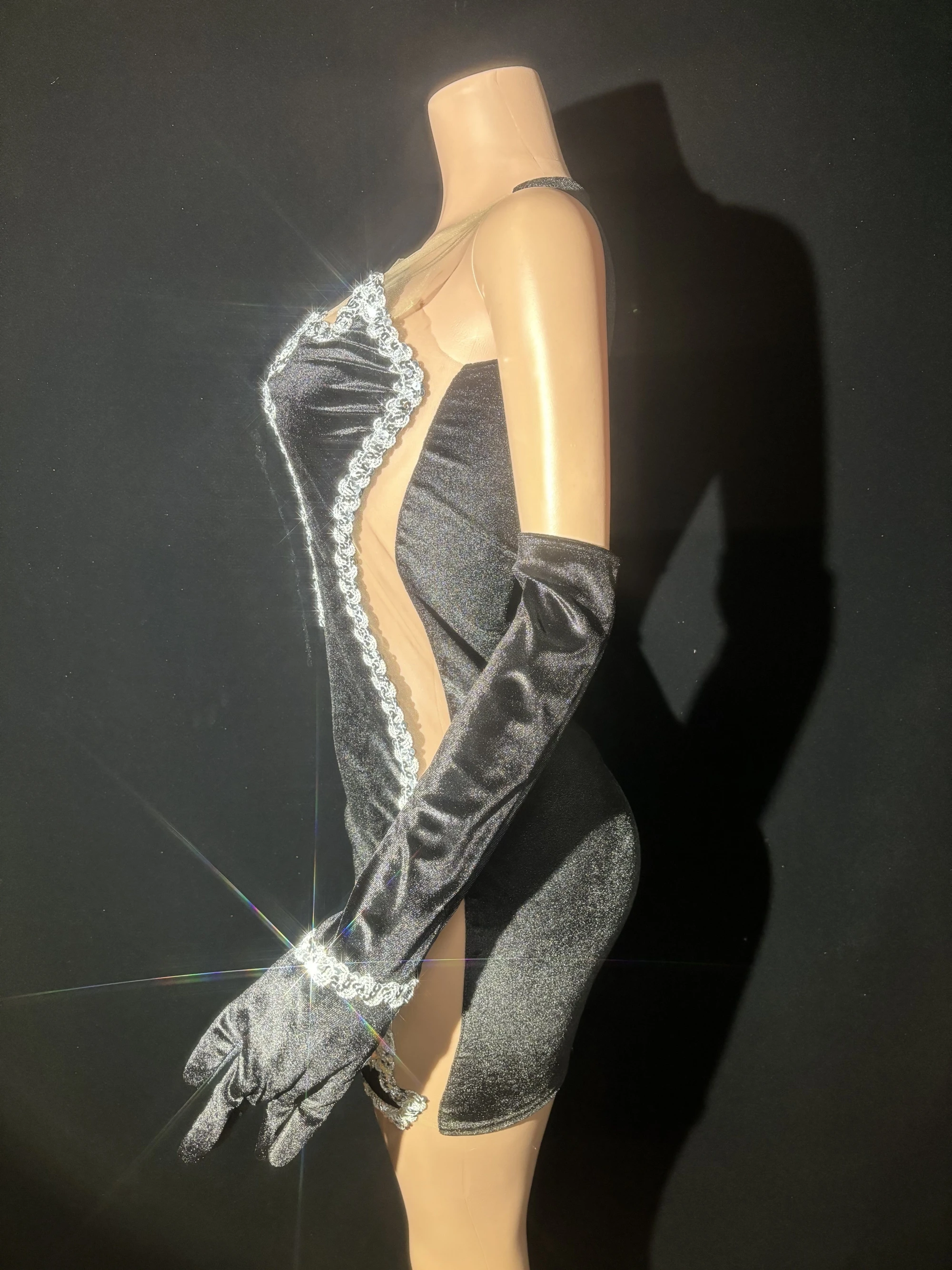 Zwart Velet Met Handschoenen Sexy Doorzichtige Schede Mini-Jurk Avondfeest Nachtclub Optreden Kostuum Bar Zangeres Podiumkleding