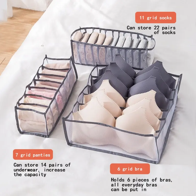 3 Pcs Foldable Underwear Storage Box Translucent Foldable Panty Drawer Organizer Bra Organizer Breathable Mesh Bag For Wardrobe