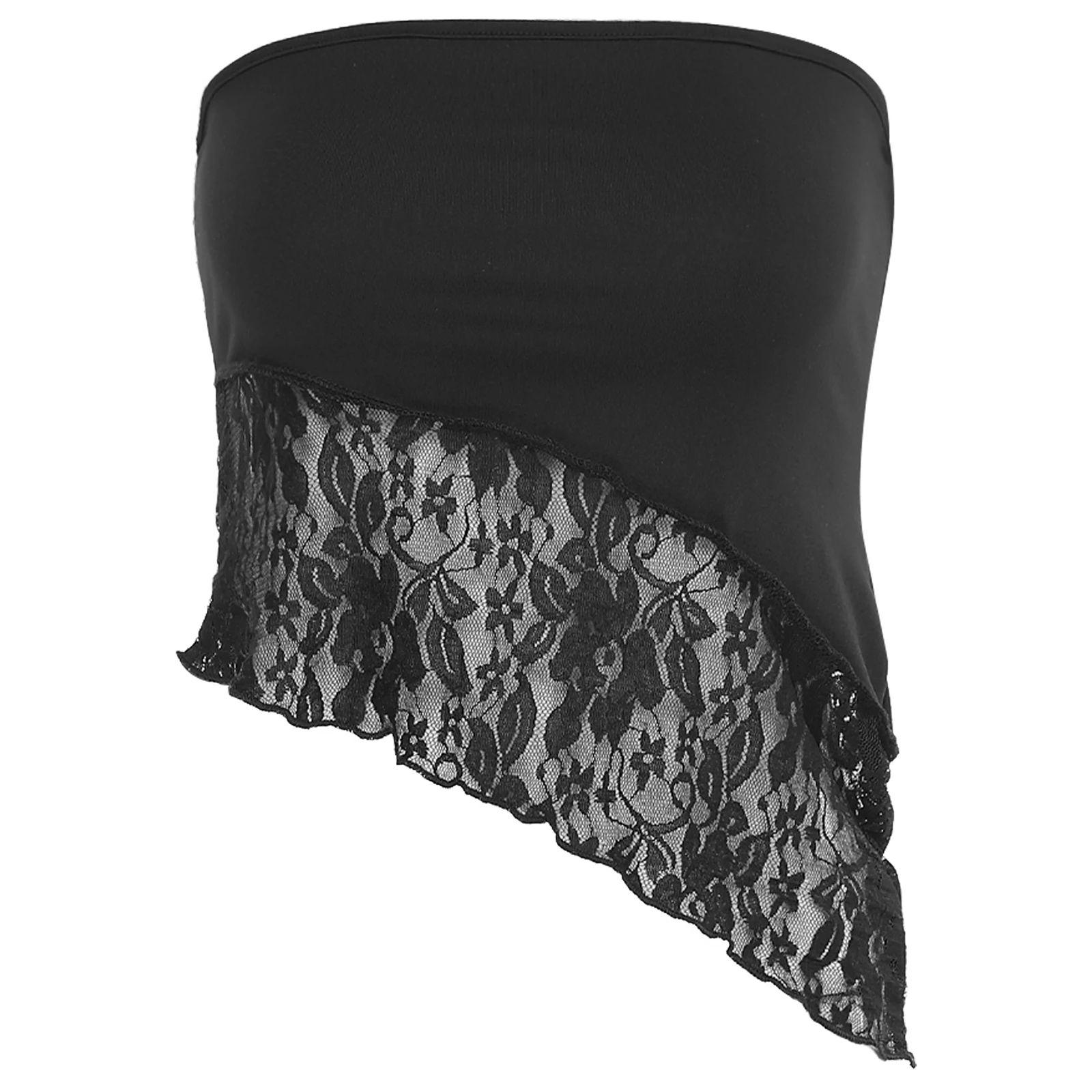 

Women Bandeau Crop Tops Clubwear Floral Lace Patchwork Strapless Tube Tops Sleeveless Irregular Blouse for Tropical Vacation