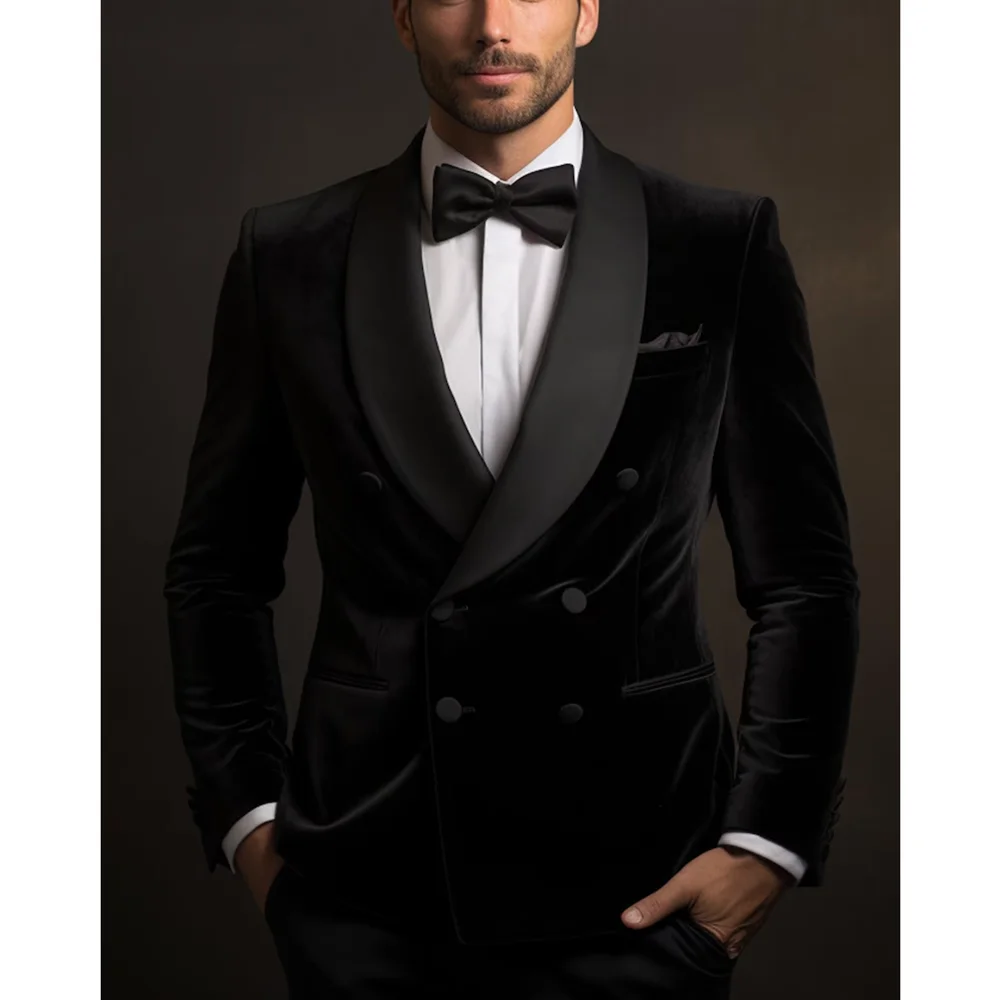 

Men Suits 2024 Fashion 2 Piece Sets Double Breasted Groom Black Wedding Tuxedo Shawl Lapel Velvet Male Suit (Jacket+Pants)