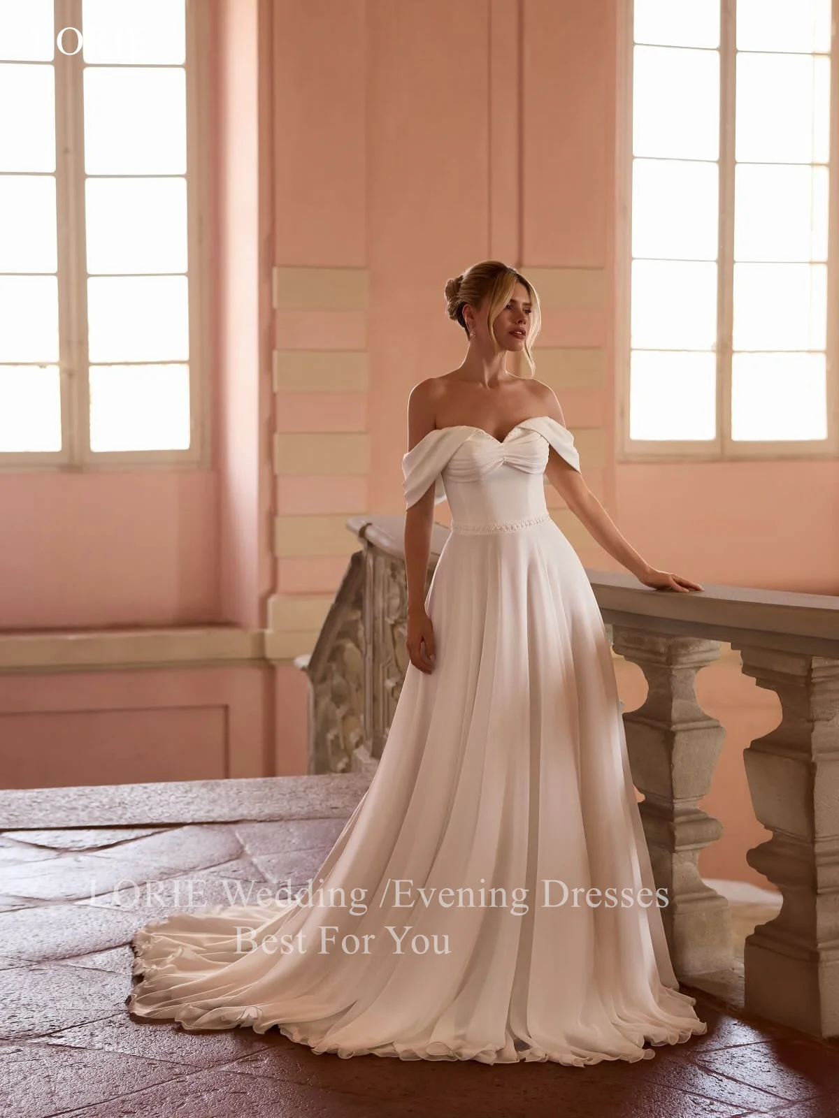 LORIE Elegante Brautkleider aus Chiffon, rückenfrei, schulterfrei, Braut-Abschlussballkleid, A-Linie, plissierte Brautkleider, individuell gestaltet