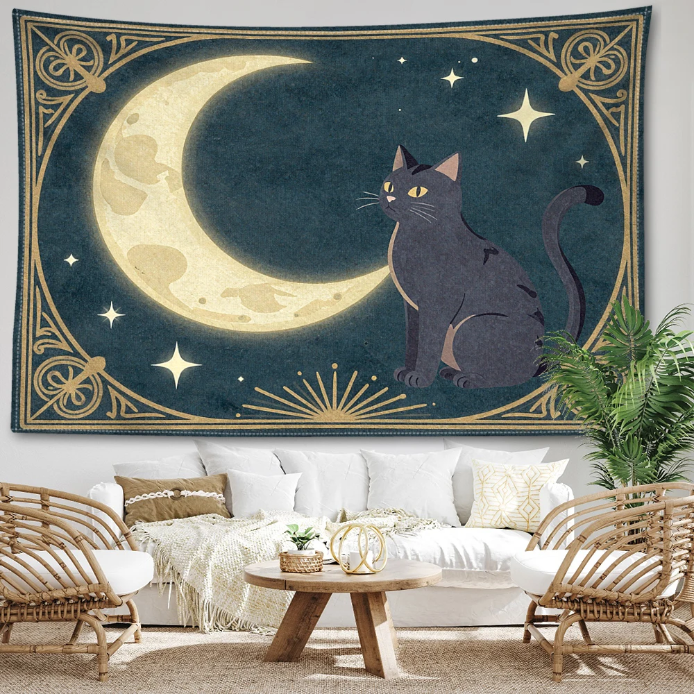 Navy Blue Black Cat Crescent Starburst Printed Tapestry Wall Hanging Bohemian Style Bedroom Home Decor
