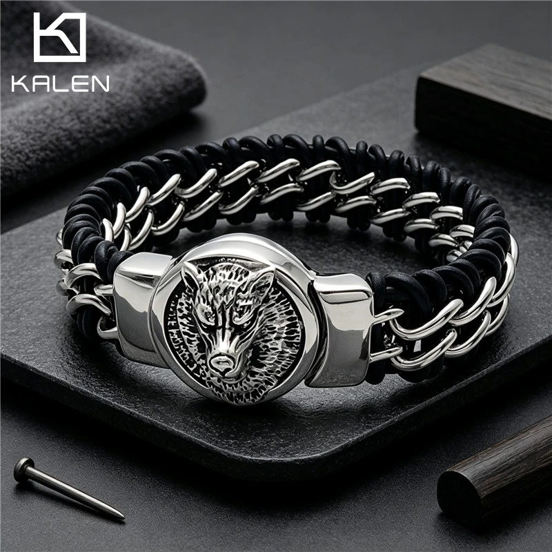 KALEN Viking Style Male Wolf Head Stainless Steel Bracelet Braided Leather Curb Chain Wrist Band Fashion Jewelry Birthday Gifts