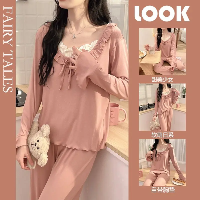 أطقم بيجامات قطنية مشروط بأكمام طويلة لربيع وخريف 2026 للنساء ملابس نوم كورية لطيفة بفيونكة ملابس منزلية ملابس بيجاما موهير #4