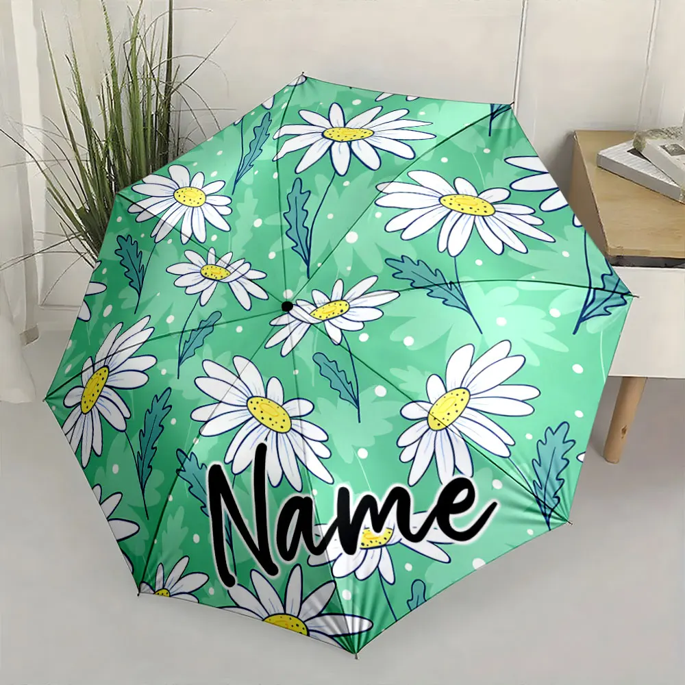 Custom Name Floral Green Umbrella with Daisies Polka Dot Design Print 8 Iron Ribs Folding Umbrella Auto-Open Fashion Sunshade