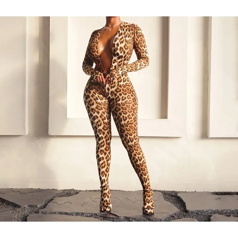 بدلة قفز نسائية أوروبية وأمريكية جديدة موديل 2025 بطبعة الفهد ورقبة على شكل حرف V بدون ظهر مثيرة #2