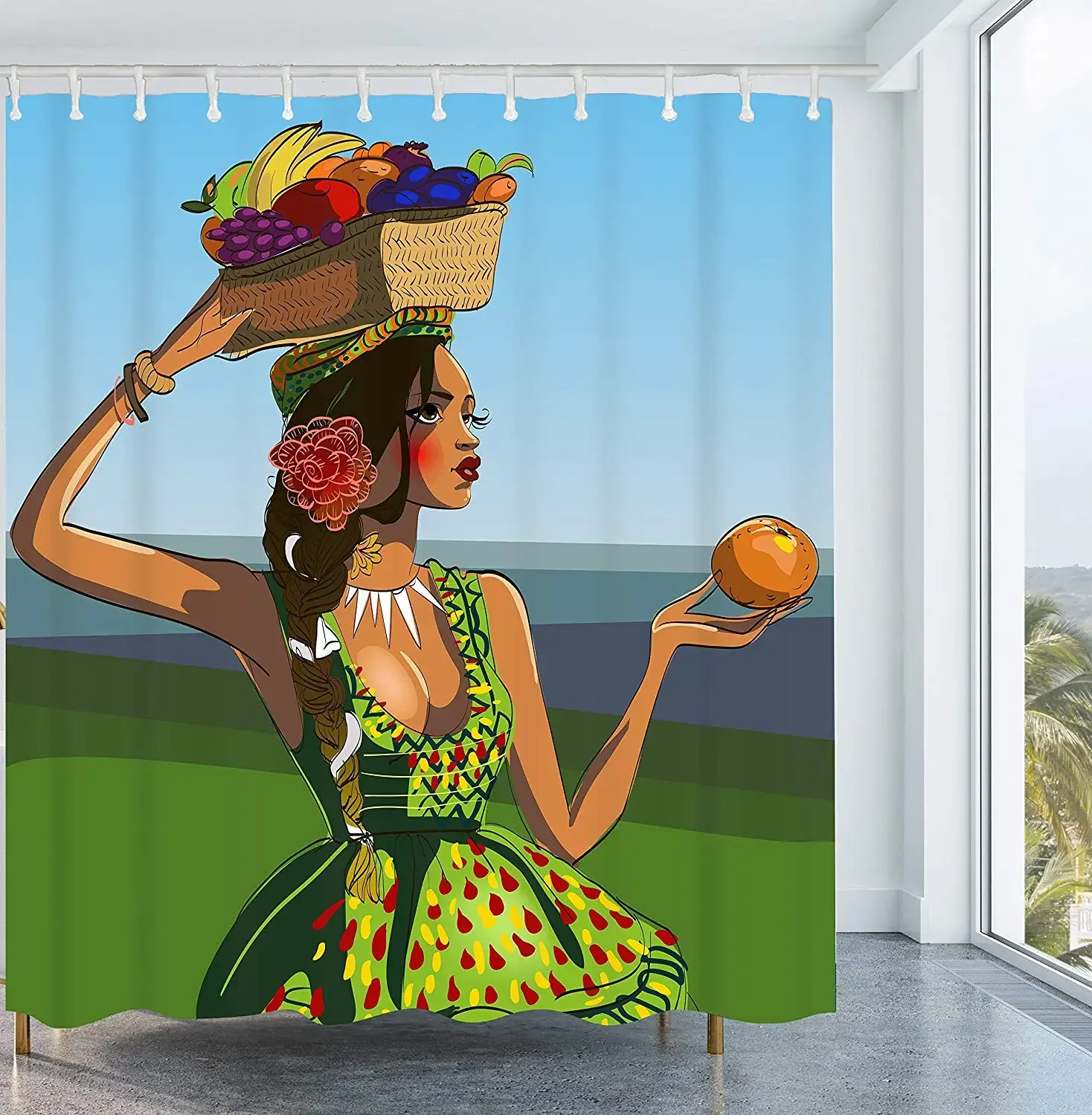 Get Orange Beautiful Woman Shower Curtain Young African Woman in a Green Dress with Fruit Basket Shower Curtain