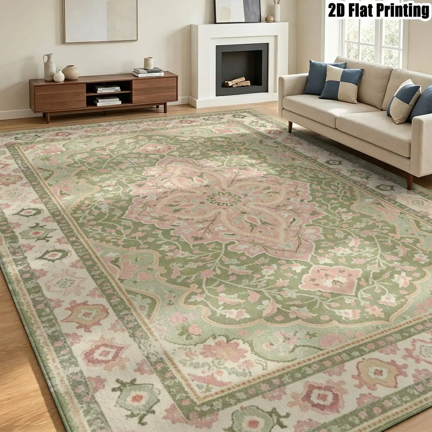 1Pc 2D Printed Pink & Green Floral Geometric Carpet, European Vintage Bohemian Style Home Decor Rug, Multi-Size, Machine Washable, for Living Room, Bedroom, Dining Room, Entrance, Study