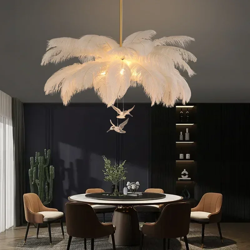 Nordic White Ostrich Feather Pendant Light Modern Led Ceiling Chandelier for Living Dining Room Children\'s Bedroom Hanghing Lamp