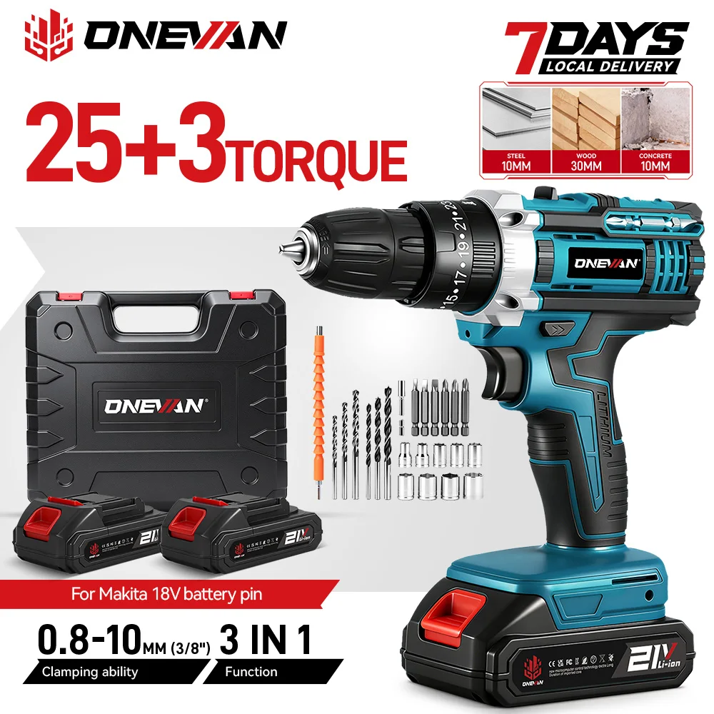 ONEVAN 25+3 Drehmoment 3-in-1 Akku-Bohrschrauber Schlagbohrmaschine Möbelrenovierung Holzbearbeitung Schraubendreher Wandbohrer Elektrowerkzeug für Makita 18V Akku