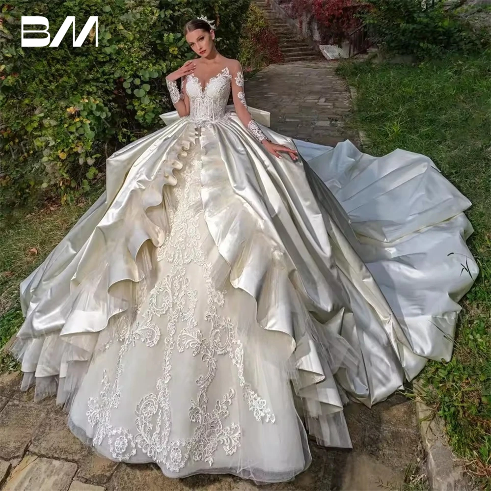 BRLMALL Vintage Ball Gown ชุดแต่งงาน 2025, ที่กําหนดเองซาตินลูกไม้ยาวชุดเจ้าสาว, plus ขนาดชุดเจ้าสาวเปลือย