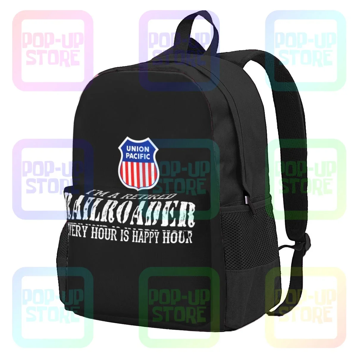 Union Pacific I'M A Retired Railroader Every Hour Is Happy Hour mochila de gran capacidad, estilo deportivo estampado