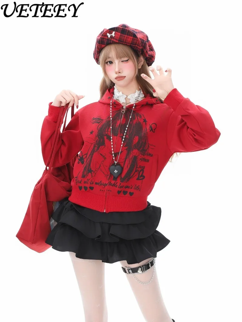 Sweet Anime Girl Cartoon Print Hooded Sweatshirt Jacket for Women Spring and Autumn Slim Fit Versatile Zipper Short Hoodies