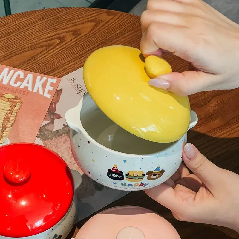 Cartoon Ceramic Bowl with Lid and Double Ear Spotted Porcelain Stew Pot Suitable for Baby Food,noodles,home Kitchen Utensils