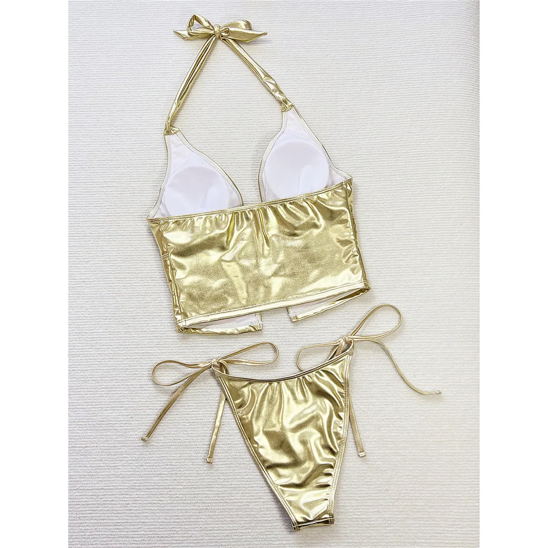 Sexy Tankini-Bikini aus Kunstleder, Neckholder-Bikini, Damen-Badeanzug, zweiteiliges Bikini-Set, Badebekleidung, Badeanzug, Modell V8258. – Detail 7