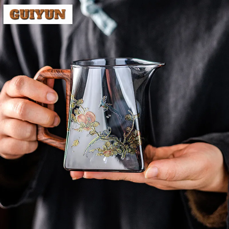 High End Flower And Bird Glass Fair Cup With Handle Heat Resistant Tea Dispenser Tea Brewing Kettle Tea Pitcher Teaset Drinkware