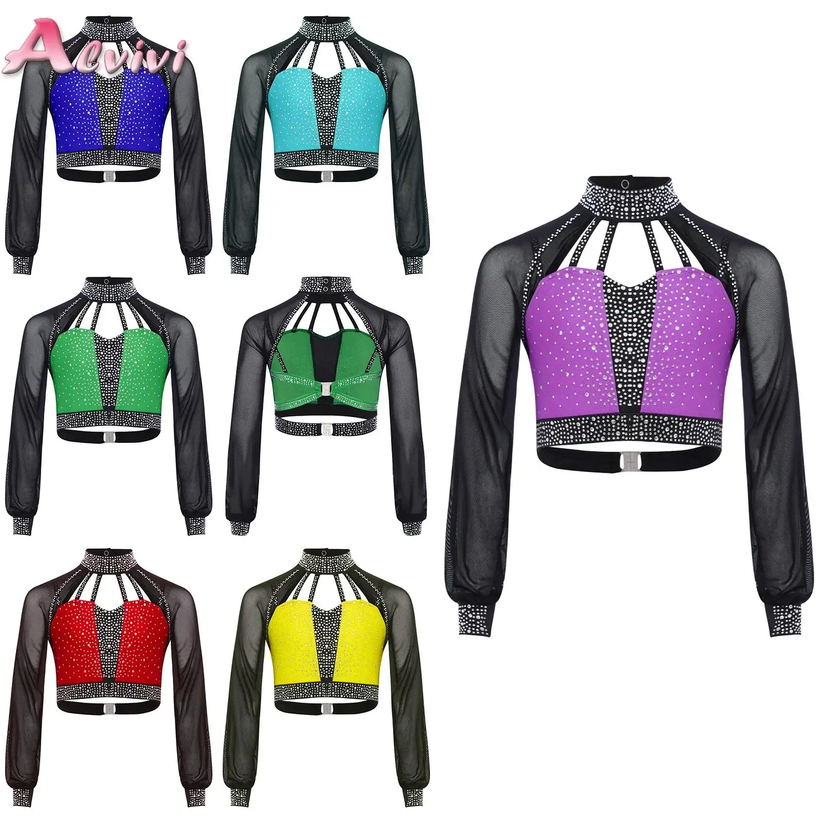 

Kids Girls Shiny Rhinestones Crop Top Ballet Lyrical Dance Performance Costume Sheer Mesh Long Sleeve Color Block Dancewear