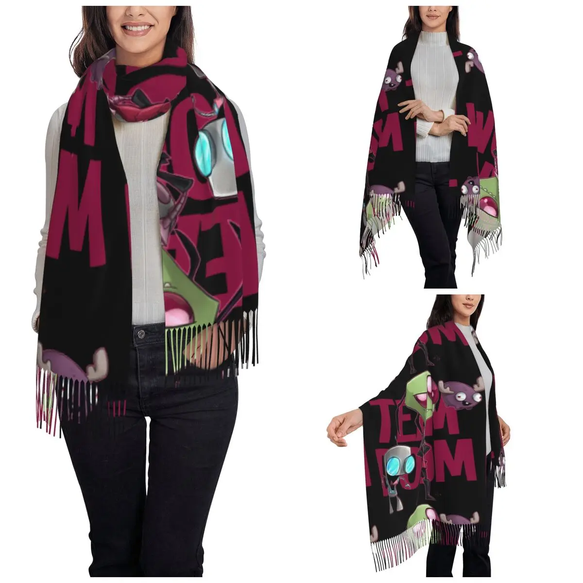 Womens Scarf with Tassel Team Doom Large Winter Fall Shawl and Wrap Invader ZIM Alien Cartoon Gifts Pashmina Scarves