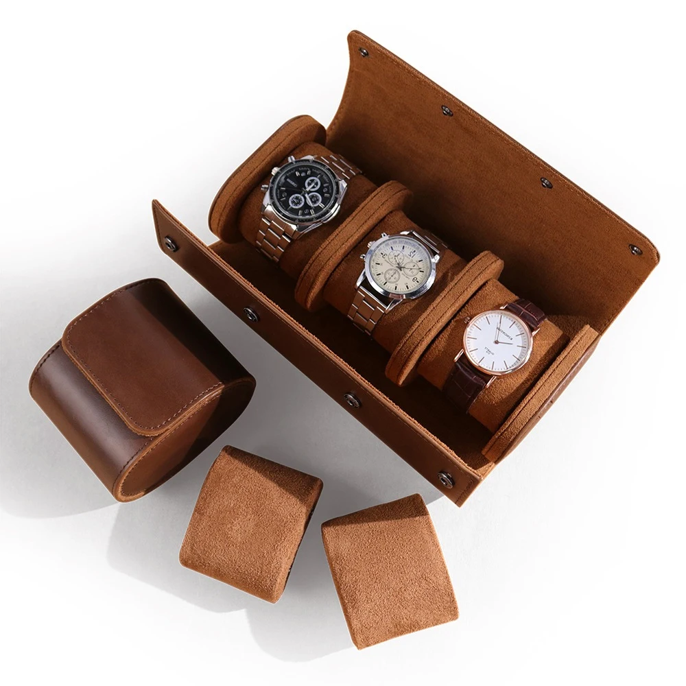Luxury Genuine Leather Watch Roll 1/2/3 Slots Portable Travel Watch Storage Case Protective Watch Pouch