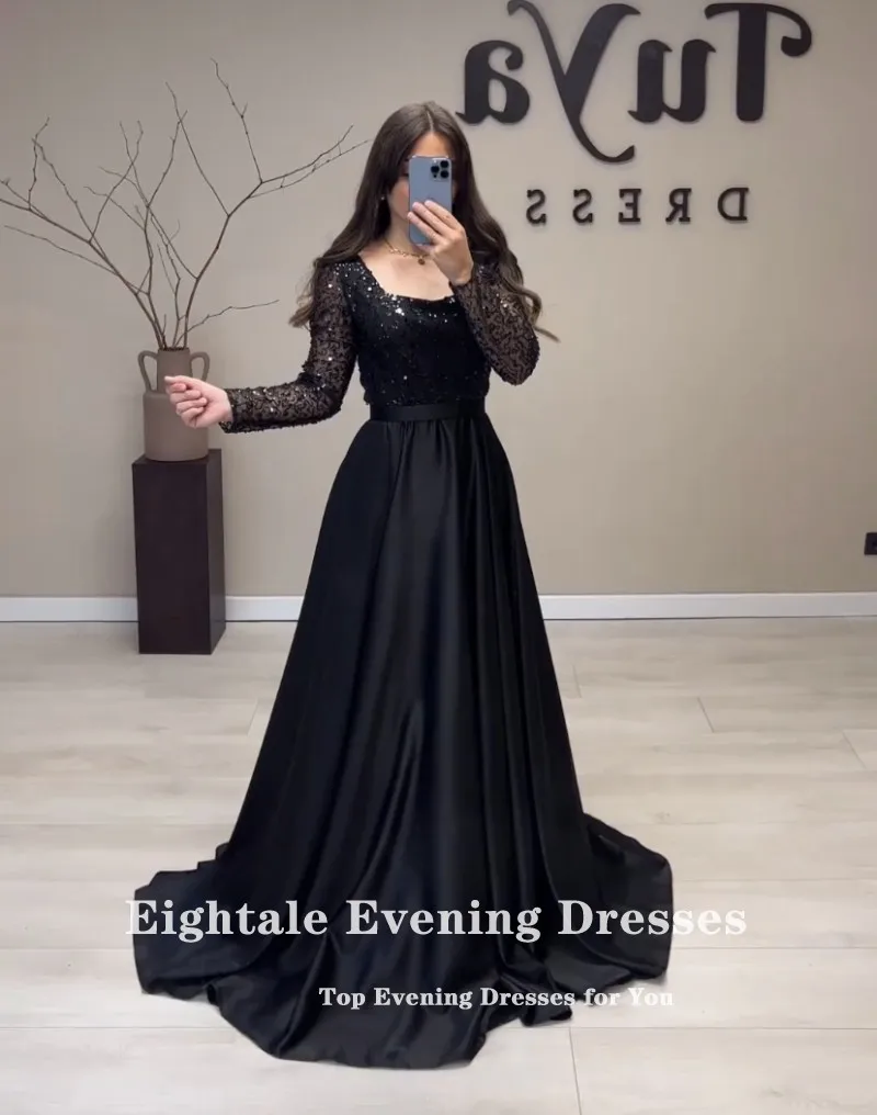 Eightale Vintage Abendkleider V-ausschnitt Satin Langarm Glänzende Pailletten Perlen Angepasst Prom Hochzeit Party Kleid Vestido De Fiesta