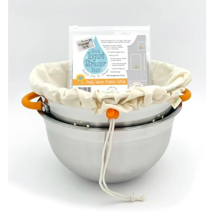 

Набор сит для греческого йогурта: дуршлаг и чаша из нержавеющей стали с мешочком для ситечка из органического хлопка | Премиальная машина для приготовления греческого йогурта, большая