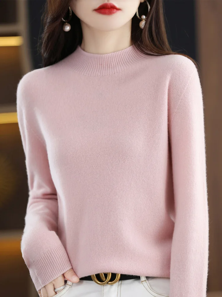 100%Australian Wool Sweater Half High Collar Pullover Solid Color Knitwear Basic Payment Classic Sweater Versatile Women Fashion