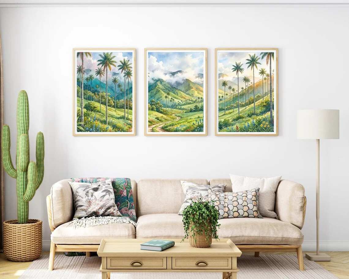 Cocora Valley Colombia Wall Art Set of 3 Prints, Wax Palms Watercolor Mountain Travel Decor