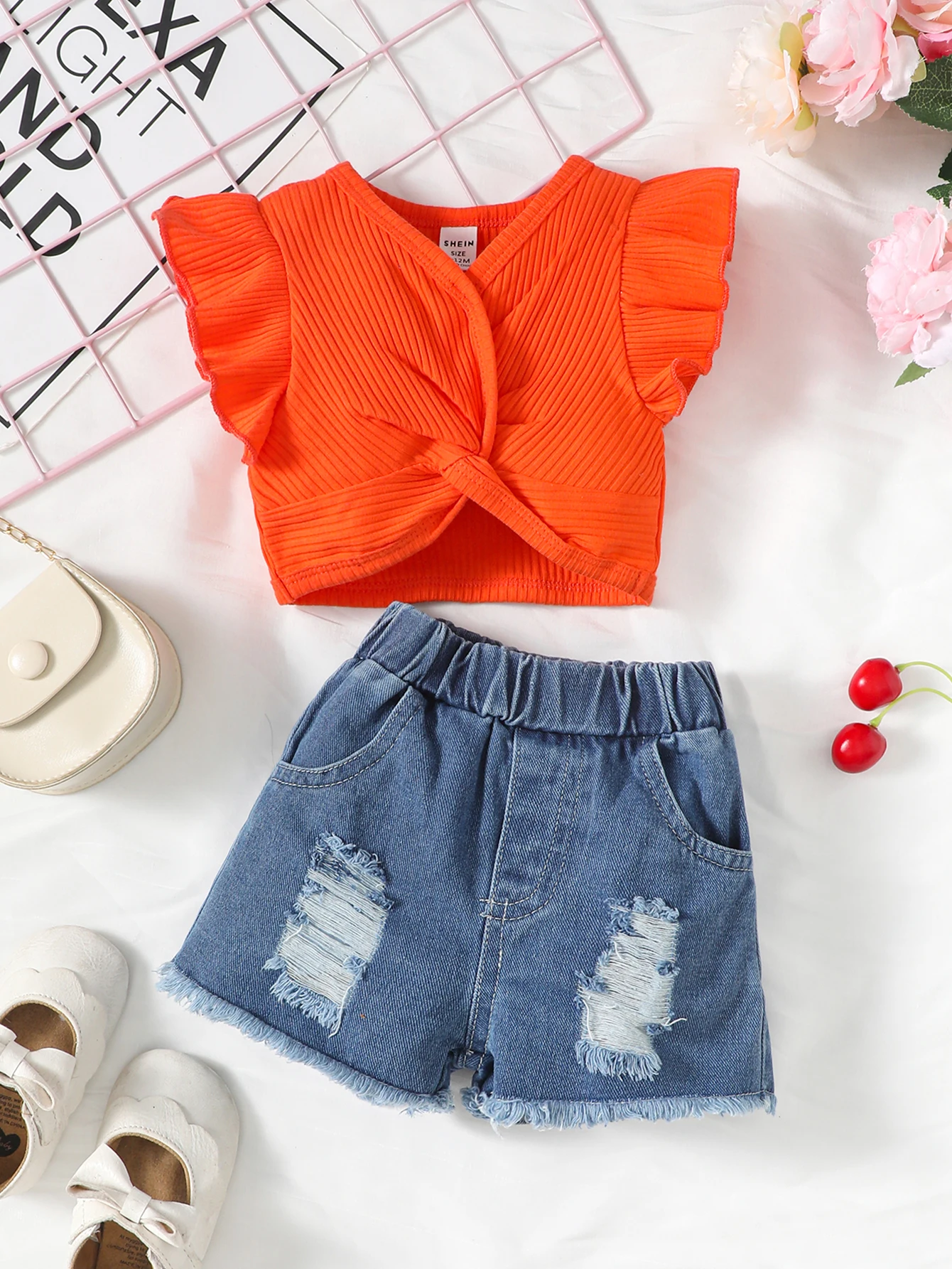 Baby Girls Summer Solid Color Flying Sleeve Lace Sleeve Design V-Neck Top With Ripped Pockets Elasticated Waist Baggy Jeans