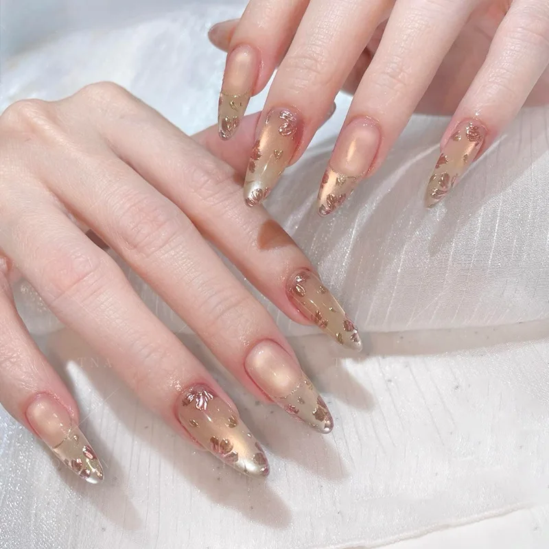 

24Pcs Long Stiletto Nails Set Press on Cat's Eye French Design Fake Nails Simple Flower Detachable Full Cover False Nails Tips