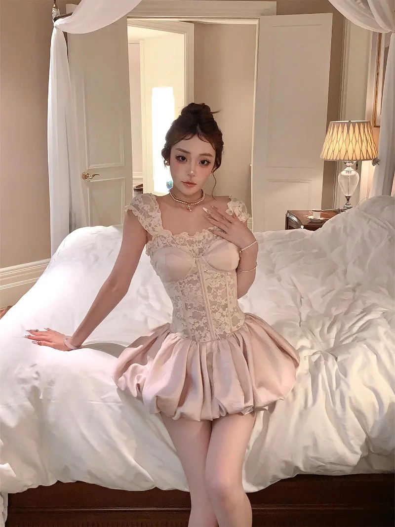 2025 estilo francês doce cor sólida elegante temperamento vestido 2025 verão nova moda venda quente vestidos de alça de cintura