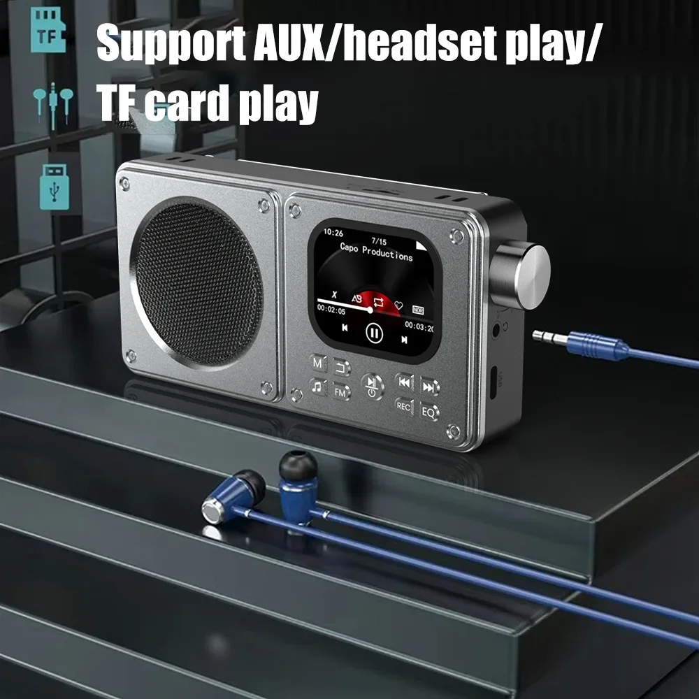 مشغل فيديو متعدد الوظائف، بطاقة محمولة صغيرة، راديو FM، مكبر صوت BT لاسلكي مع شاشة LCD، ساعة منبه، تسجيل عرض كلمات