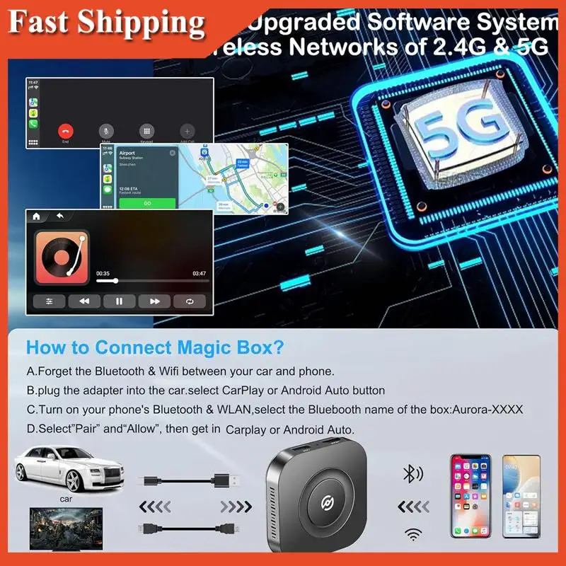 Эффективный беспроводной адаптер Carplay 3 в 1, беспроводной для Android Auto с беспроводным автомобильным ключом Netflix/Youtube для Carplay Cars Ea