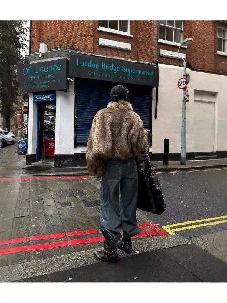 카키 라펠 숏 인조 퍼 재킷 오피스룩 여성용 털복숭이 폭스 퍼 재킷 플러피 스타일리쉬 플러시 코트 두꺼운 따뜻한 겨울 오버코트