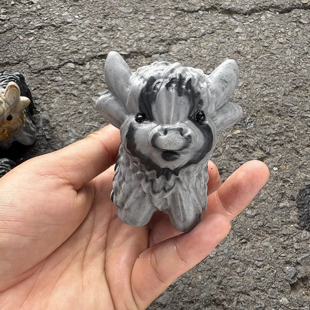 Custom Tai Chi Stone Highland Cow Figurine - 8cm Hand-Carved Crystal Farm Animal Statue with Inlaid Eyes for Collectible Decor