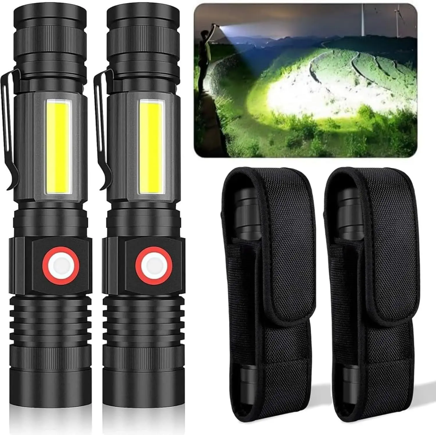 

USB Rechargeable Flashlight,High Lumens Super Bright Magnetic Flashlight 4 Modes,Flashlights 2 Packs Flashlights with Holsters