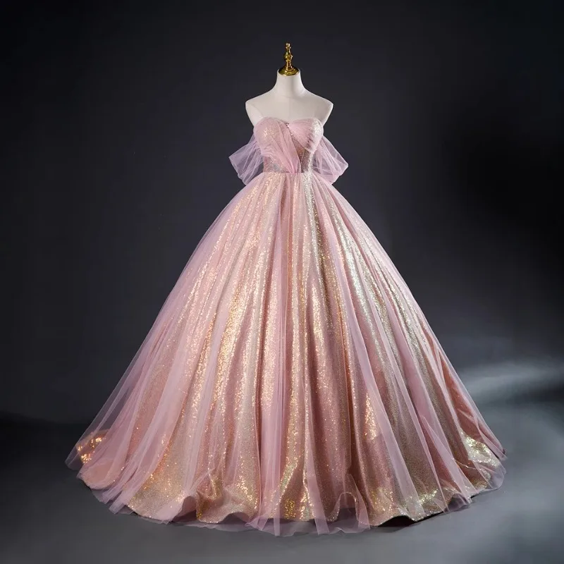 

Colorful Gauze Dress 2025 New Performance Stage Slimming Women's Fashionable Temperament Strapless Strap Shading Studio Dress