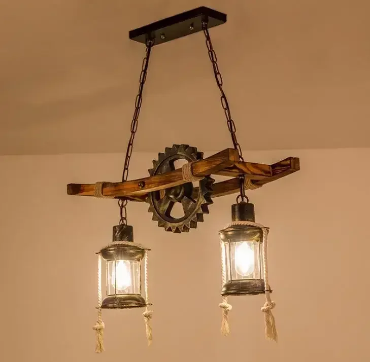 American light design vintage chandelier retro Cafe Bar Restaurant wooden loft pendant lamp gear industrial hanging glass light