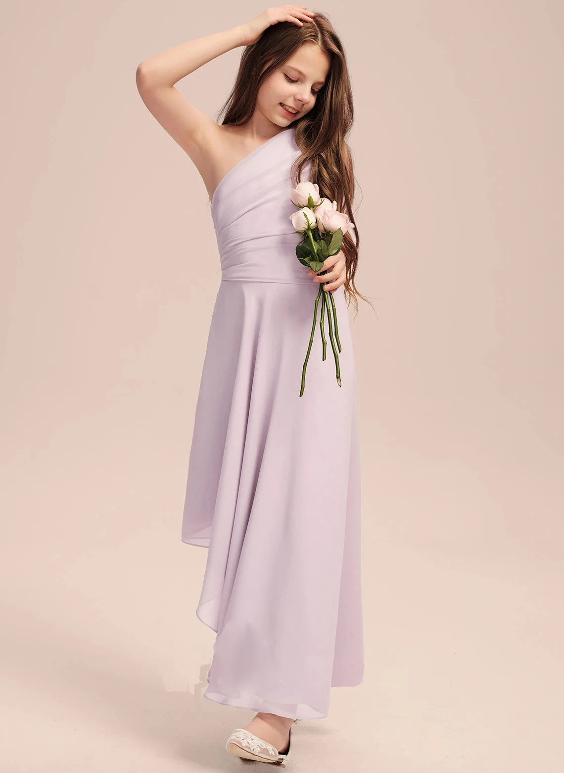 A Line One Shoulder Asymmetrical Chiffon Junior Bridesmaid Dress With Pleated Evening Dress New Elegant Banquet Gowns