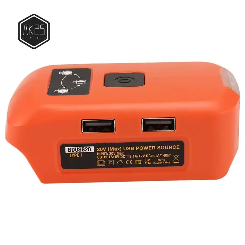 

AK25-Battery Adapter For V20 Battery USB Charger, LED Work Light With Dual USB Charger And 12V Port