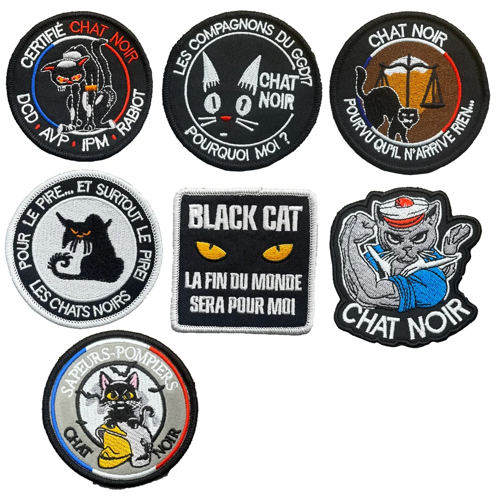 CHAT NOIR Lucky Black Cat Embroidered Applique Sewing Label Punk Biker Patches with Hook Backing