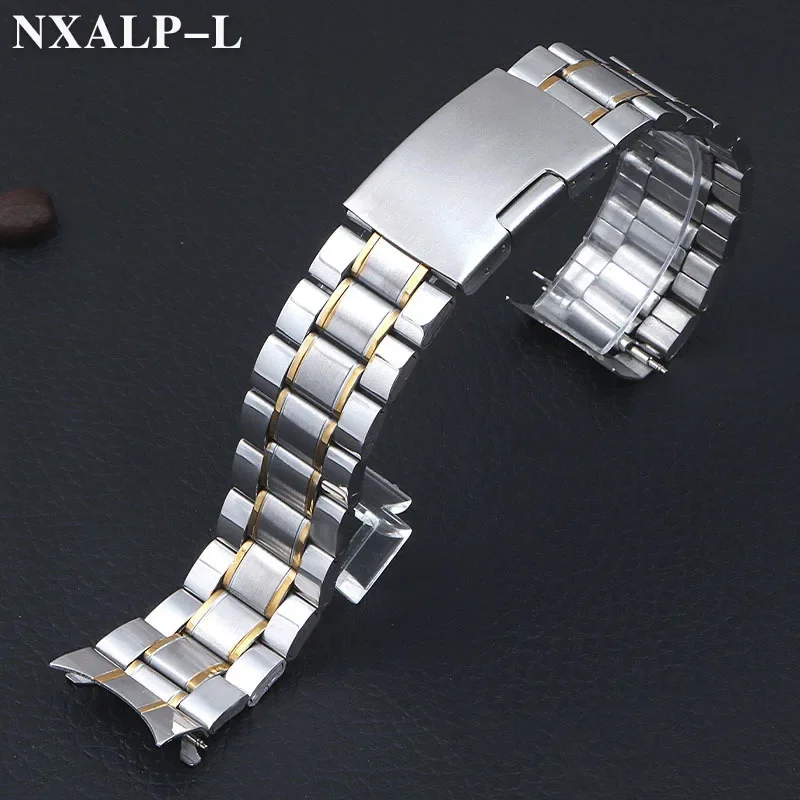 Curved End Watchband Stainless Steel Strap 20mm 22mm Metal Bracelet Folding Buckle Universal Accessories Replacement Watch Band